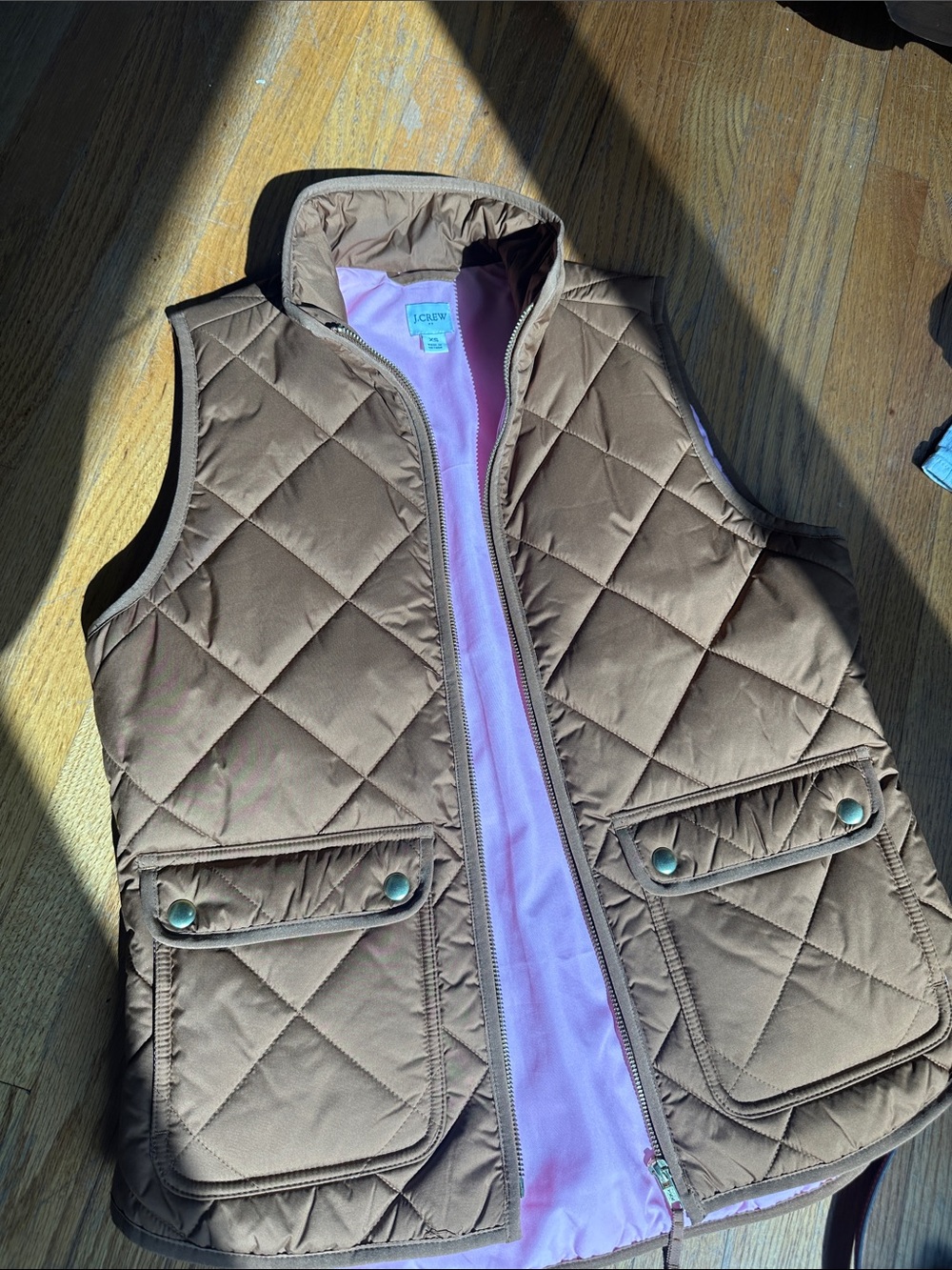J. Crew Quilted Brown Vest with Light Pink Lining